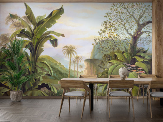 Dining room with a wooden table and tropical rainforest wall mural.