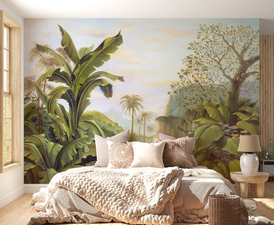 Mythical Rainforest Kingdom mural in a bedroom with wooden wall panels.