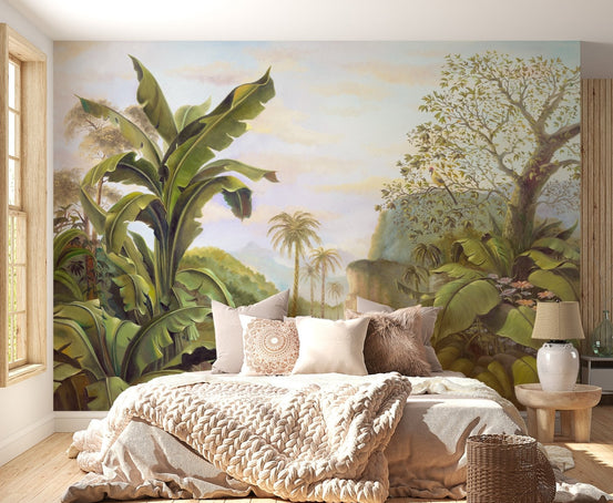 Mythical Rainforest Kingdom mural in a bedroom with wooden wall panels.