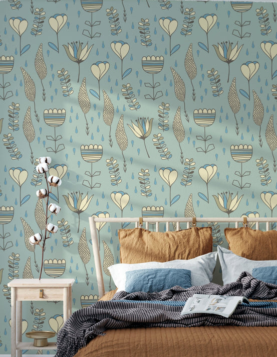 Scandi style botanical naive wallpaper with uniform hand-drawn floral arrangements.