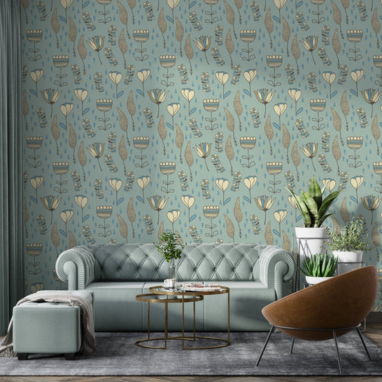 Naive blooms wallpaper featuring hand-drawn cream flowers on a teal background.