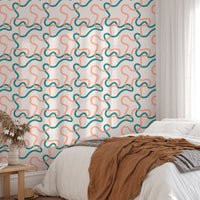 Naive Boho Green and Orange Lines Wallpaper in a guest room with natural lighting.