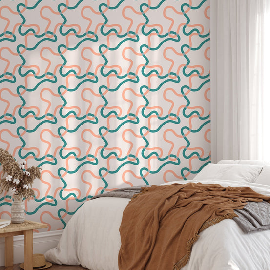 Naive Boho Green and Orange Lines Wallpaper in a guest room with natural lighting.