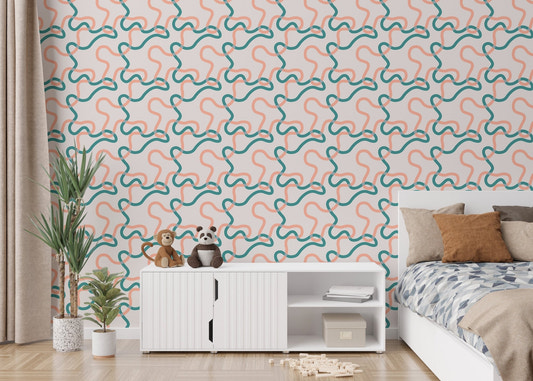 Naive Boho Green and Orange Lines Wallpaper in a bedroom with wooden furniture.