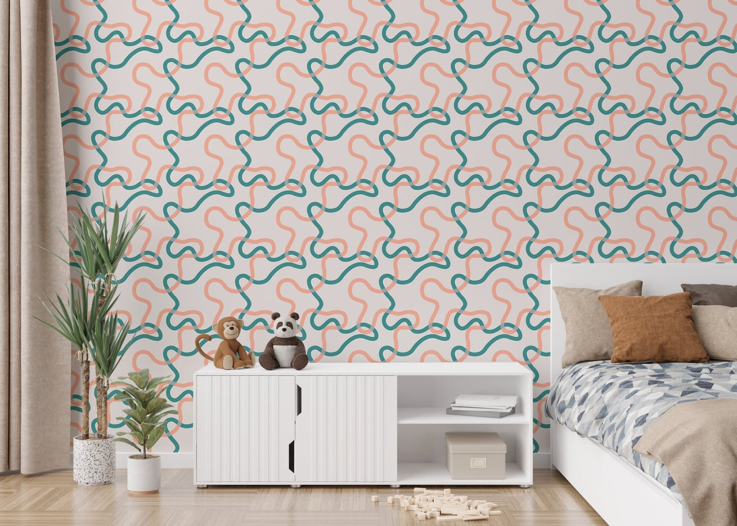 Naive Boho Green and Orange Lines Wallpaper in a bedroom with wooden furniture.