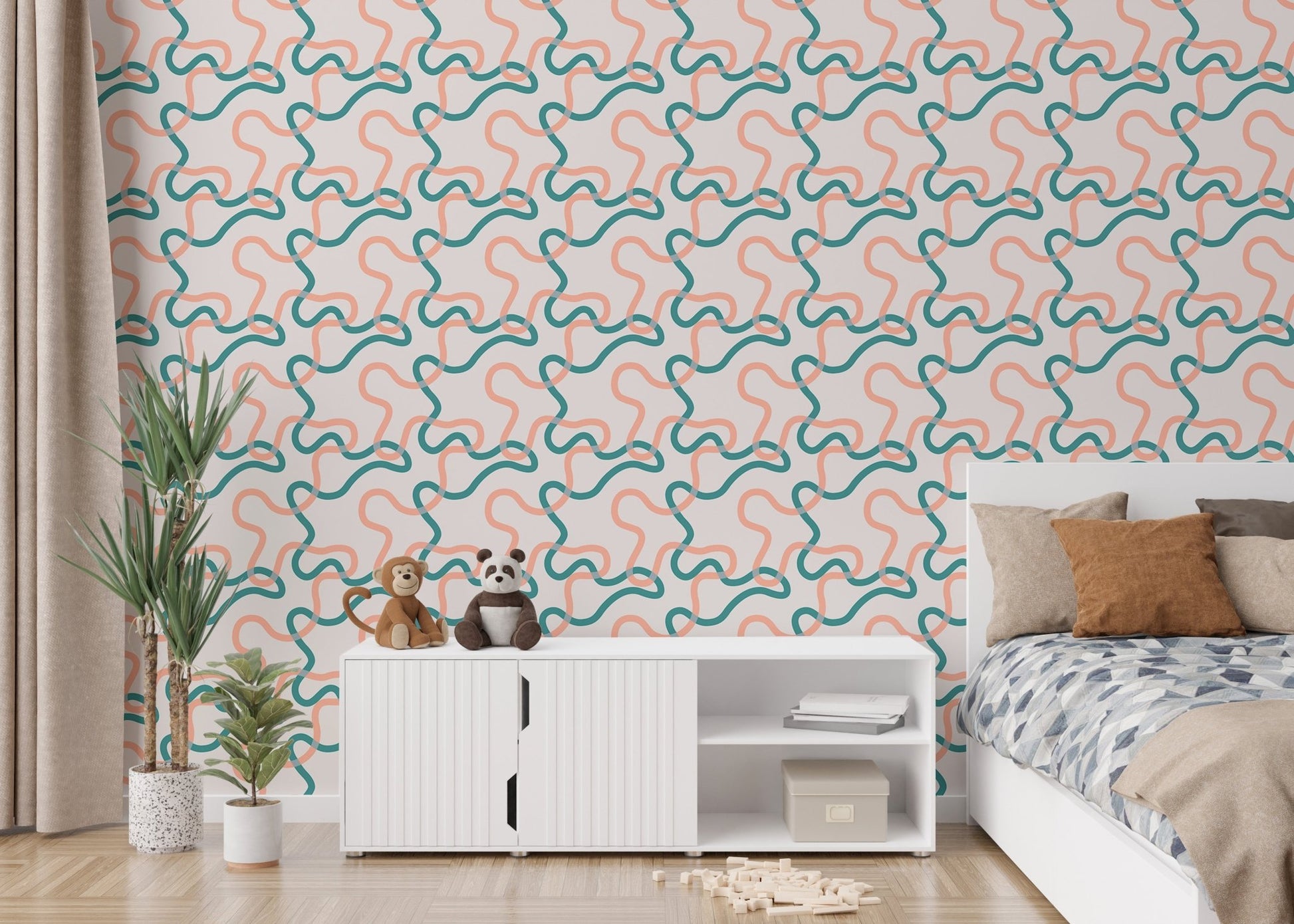 Naive Boho Green and Orange Lines Wallpaper in a bedroom with wooden furniture.