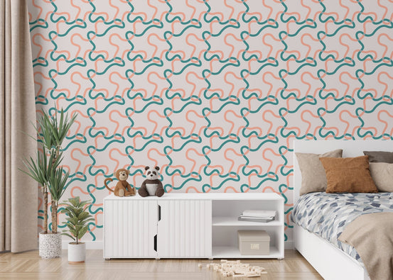 Naive Boho Green and Orange Lines Wallpaper in a bedroom with wooden furniture.