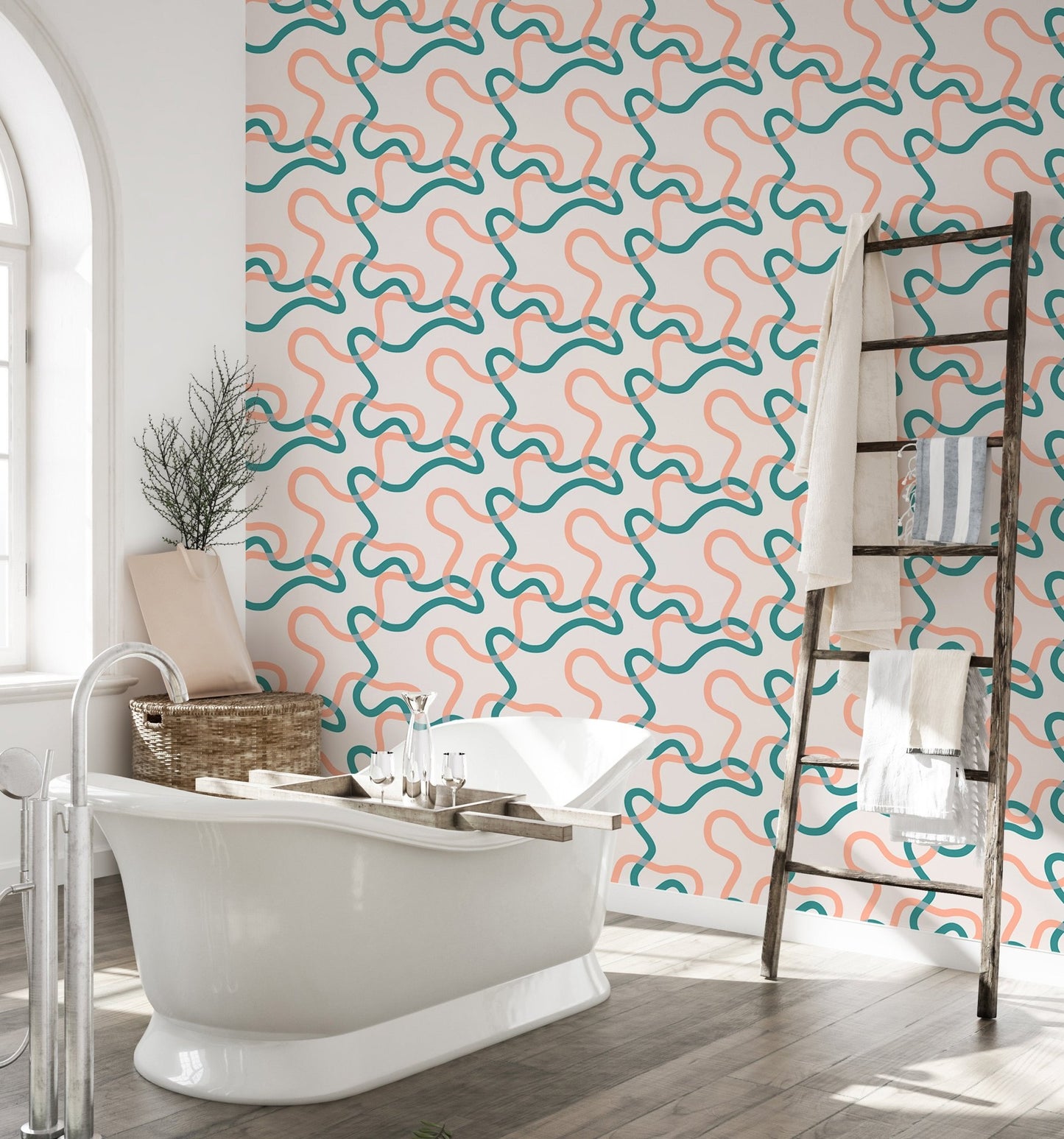 Teal and orange geometric squiggle wallpaper in a minimalist bathroom setting.