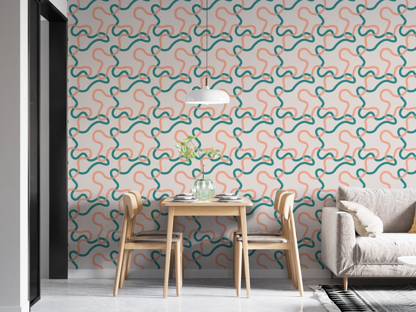 Naive Boho Green and Orange Lines Wallpaper used as a feature wall in a dining area.