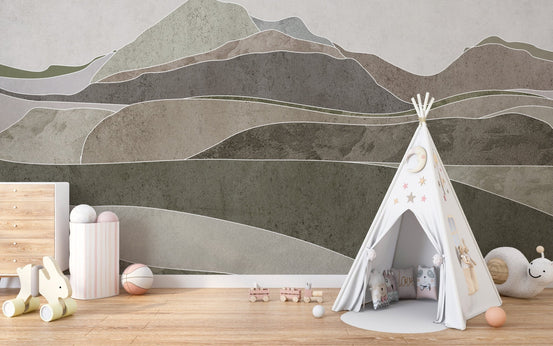 Natural Brown Horizons wallpaper mural in a nursery room.