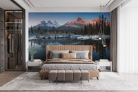 Minimalist bedroom featuring a snow-capped mountain wall mural.