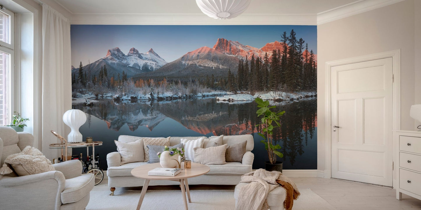 Bright living room with a Natural Snow Peak Mountain Wall mural.