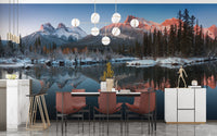 Modern dining space featuring a lake reflection wall mural.