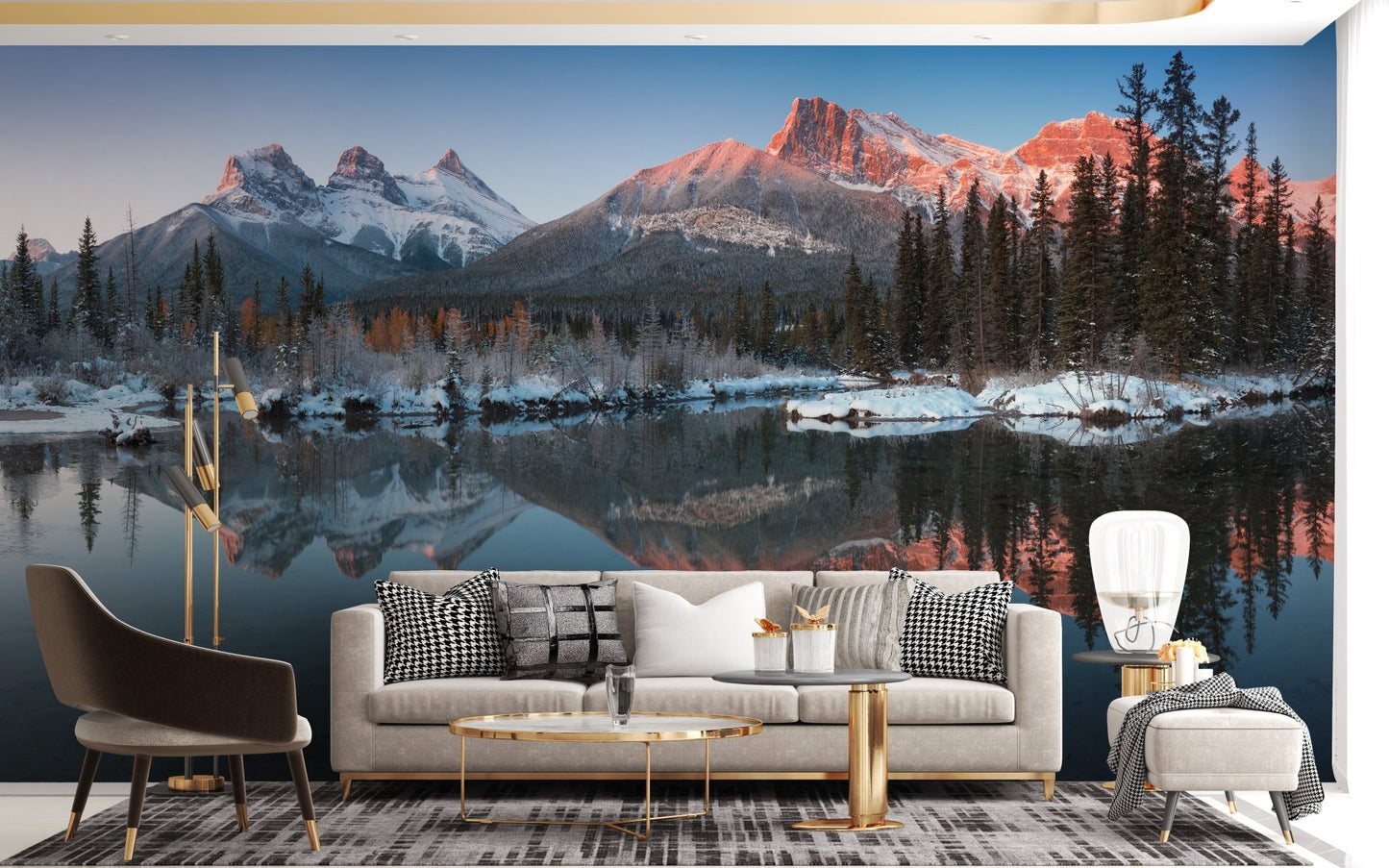 Living room with a Natural Snow Peak Mountain Wall mural.