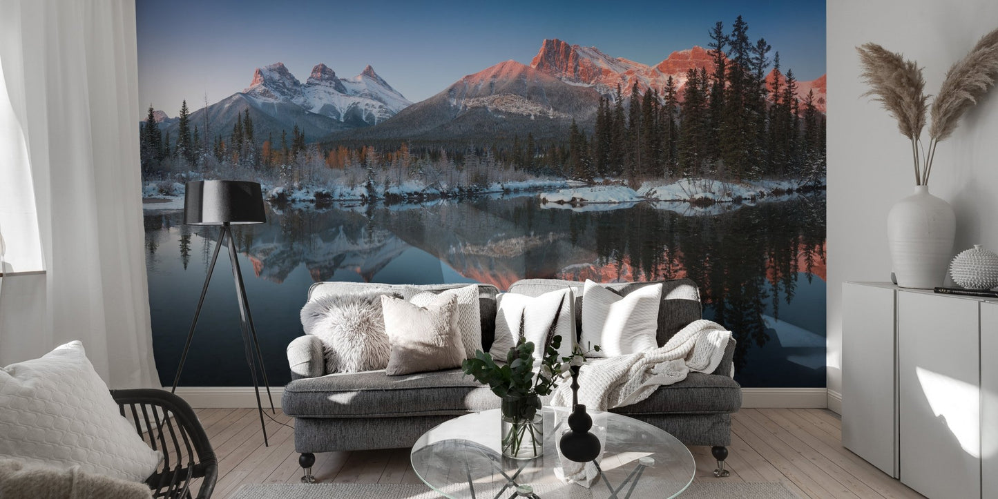 Living room featuring a mountain and lake landscape wall mural.