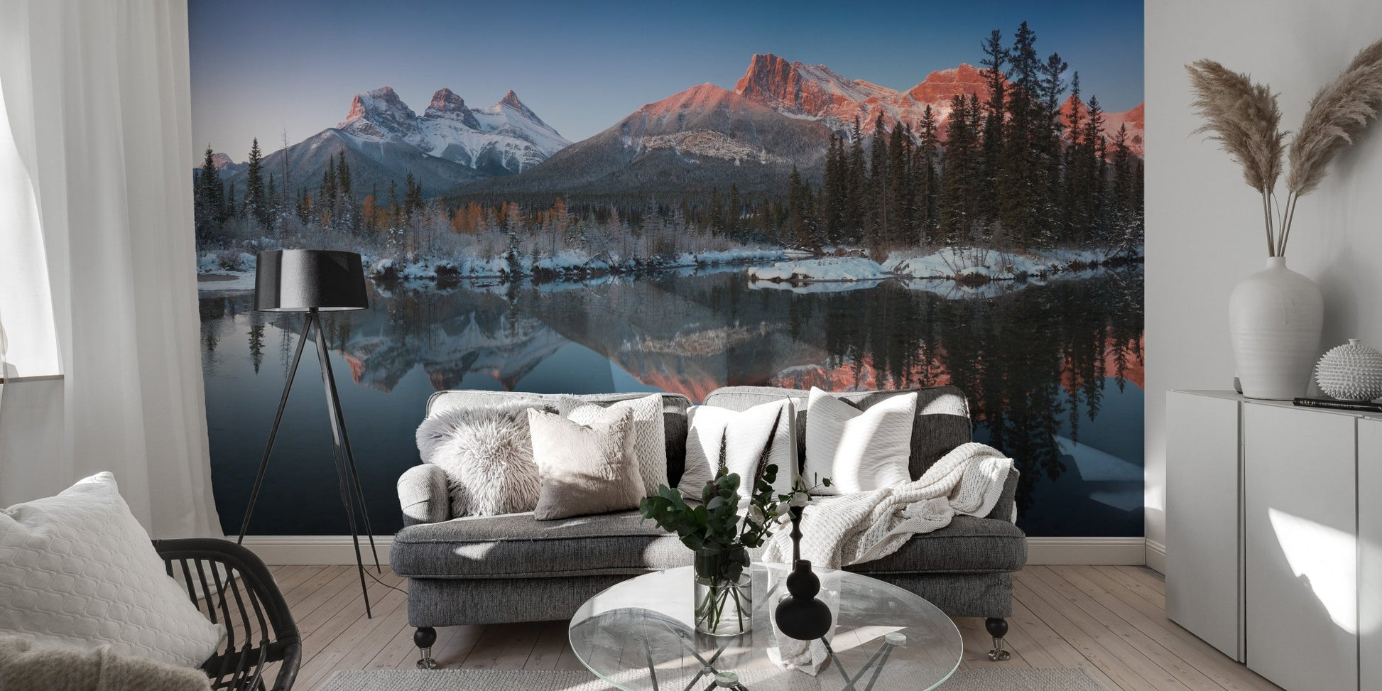 Living room featuring a mountain and lake landscape wall mural.