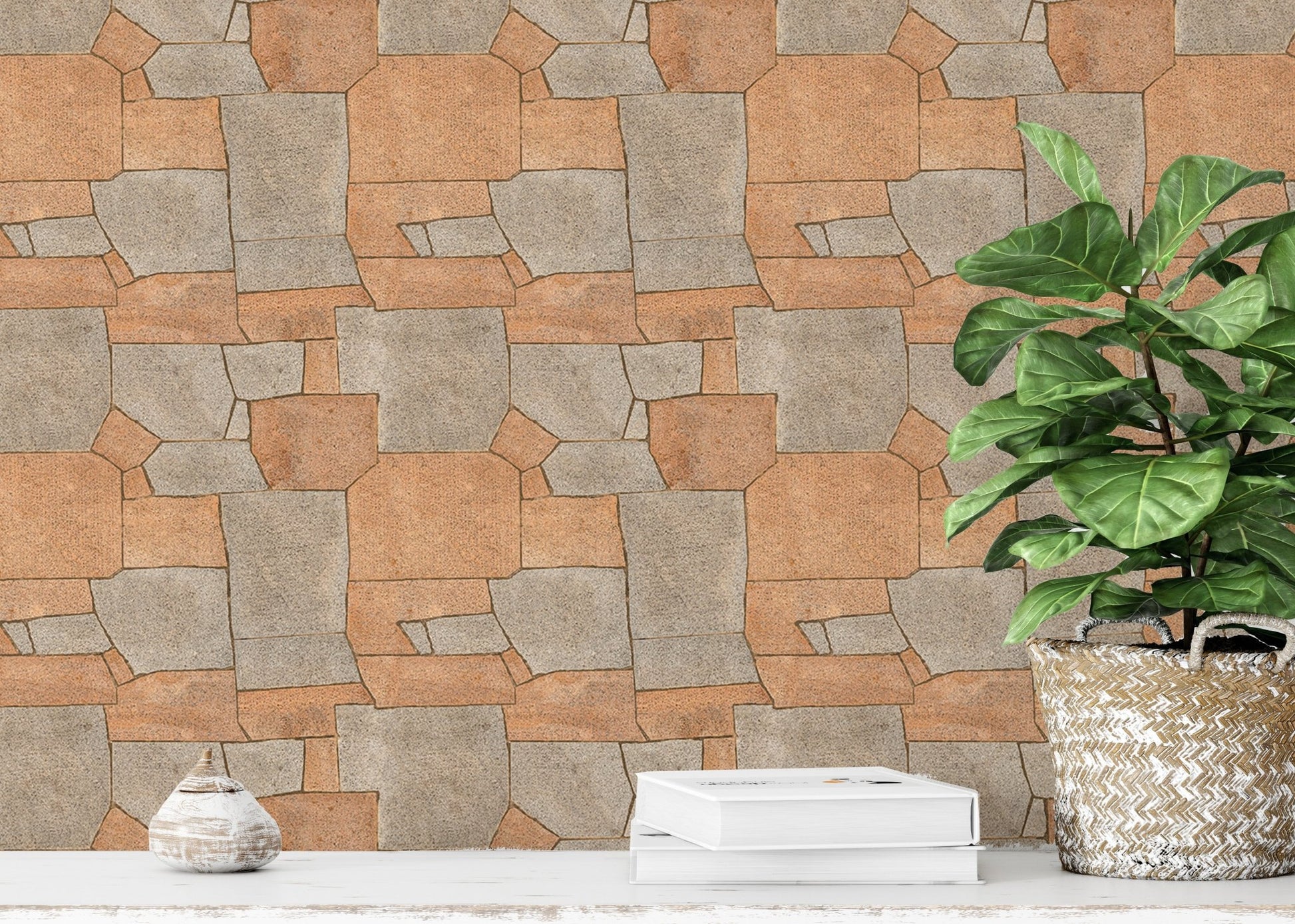 Natural Stone Pavement Orange Color Wallpaper behind a green potted plant on a ledge