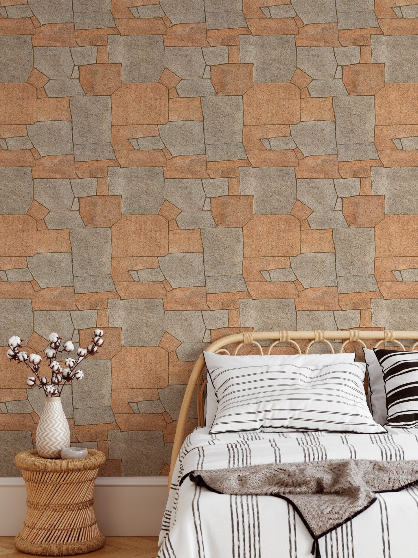Natural Stone Pavement Orange Color Wallpaper in a bedroom with a rattan bed frame