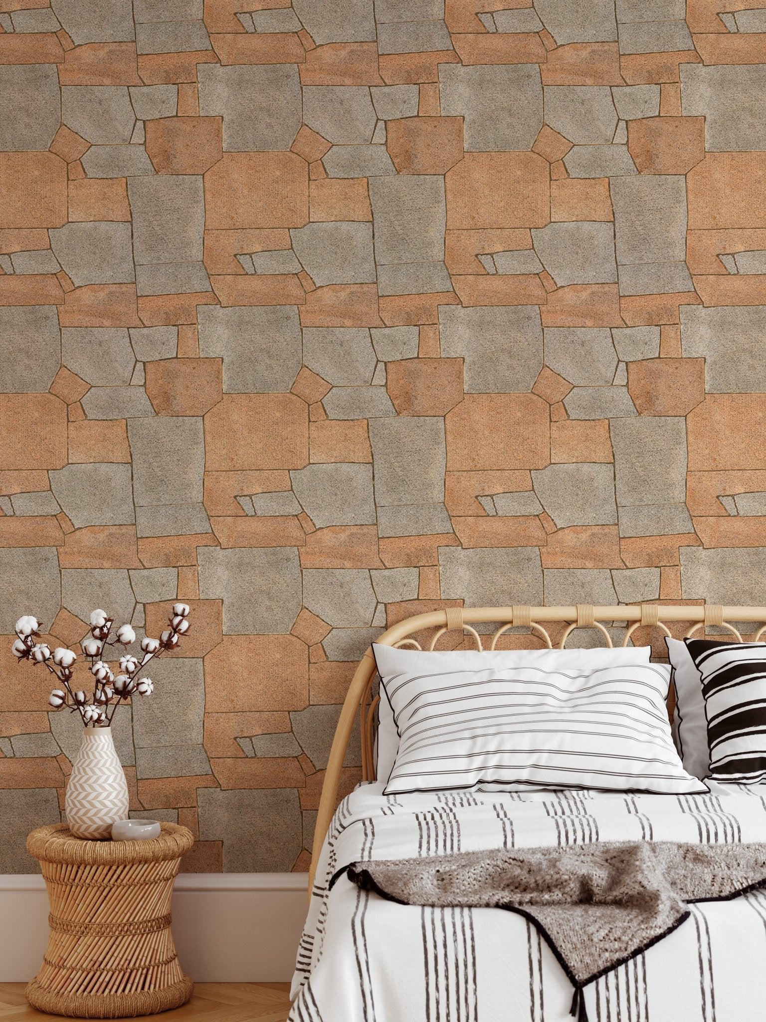 Natural Stone Pavement Orange Color Wallpaper in a bedroom with a rattan bed frame