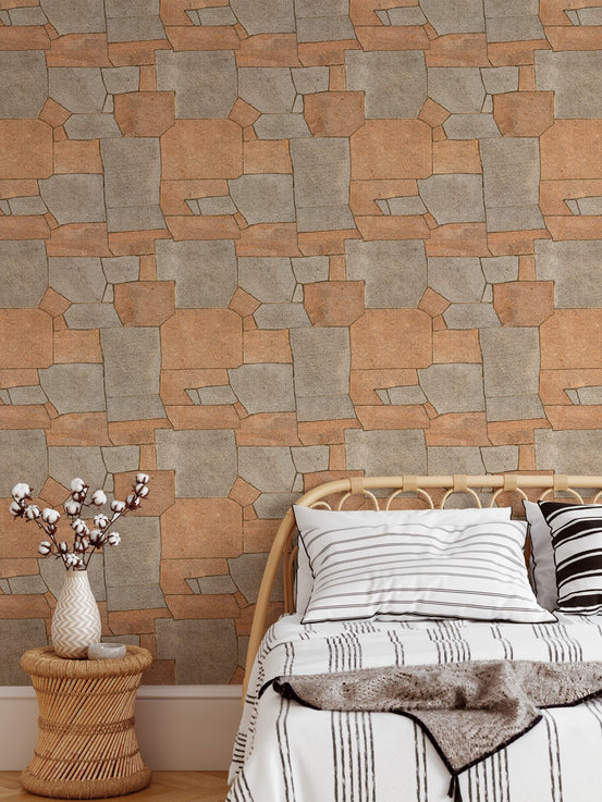 Natural Stone Pavement Orange Color Wallpaper in a bedroom with a rattan bed frame