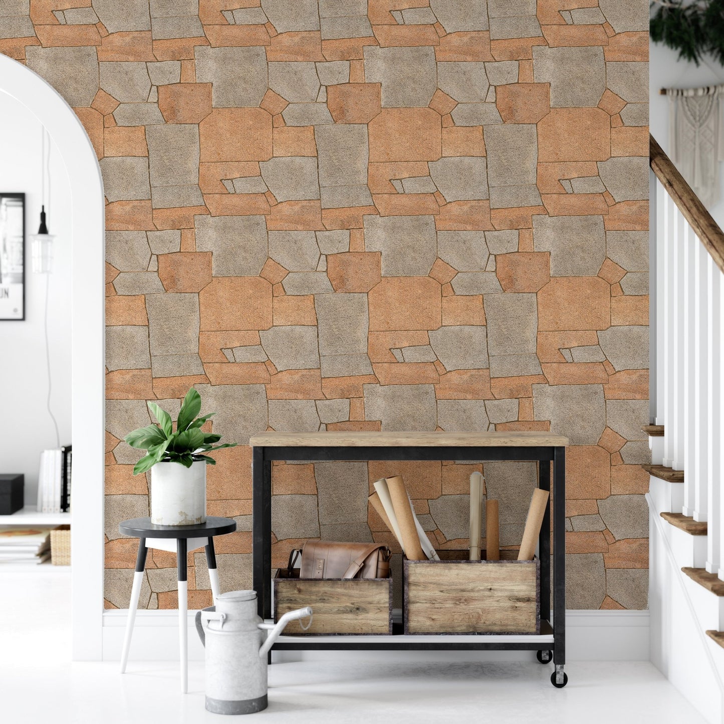 Orange pavement pattern wallpaper in a hallway with a black metal shelf unit