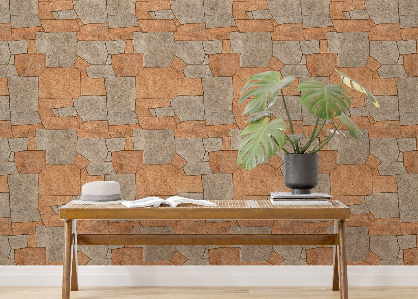 Natural Stone Pavement Orange Color Wallpaper behind a wooden bench with a plant