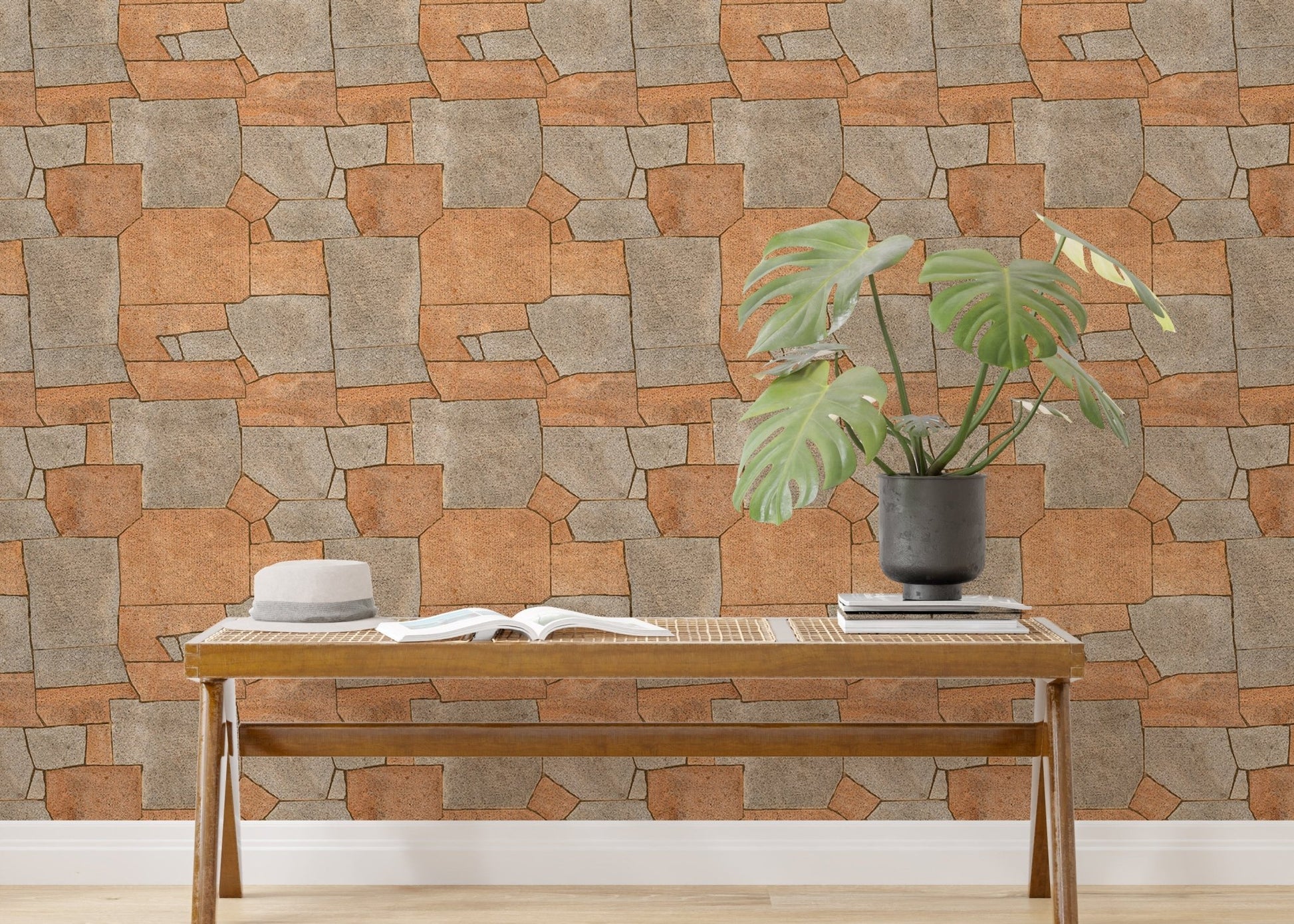 Natural Stone Pavement Orange Color Wallpaper behind a wooden bench with a plant