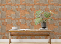 Natural Stone Pavement Orange Color Wallpaper behind a wooden bench with a plant
