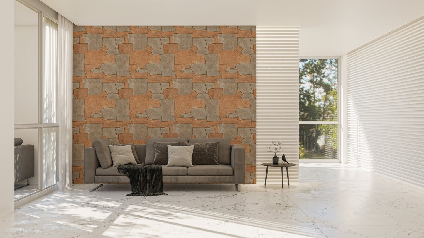 Large living space featuring orange stone wallpaper and grey sofa