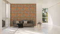 Large living space featuring orange stone wallpaper and grey sofa