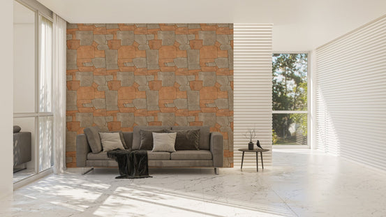 Large living space featuring orange stone wallpaper and grey sofa