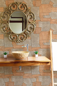 Textured stone wallpaper in a bathroom with a round mirror and wooden counter