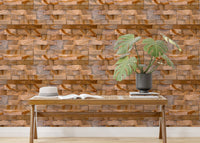 Modern living space featuring a stone wallpaper accent wall and green plants.