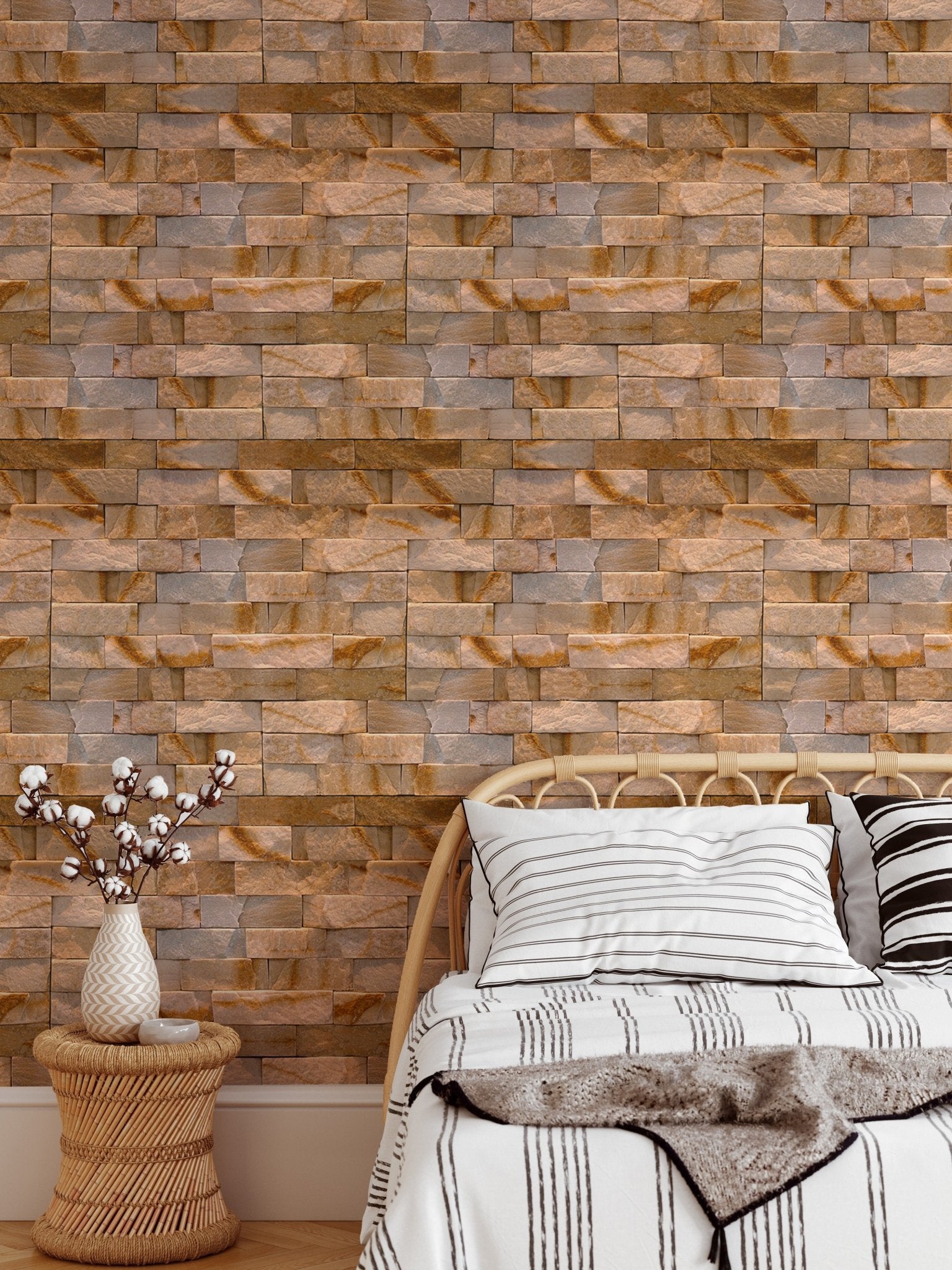 Natural Stone Texture Design Wallpaper used in a child’s room with a light bed.