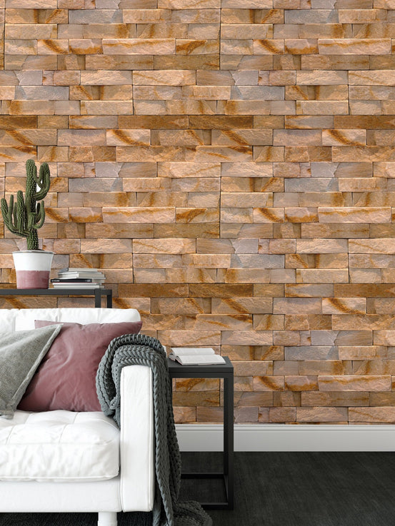Natural Stone Texture Design Wallpaper in living room with white sofa and cactus.