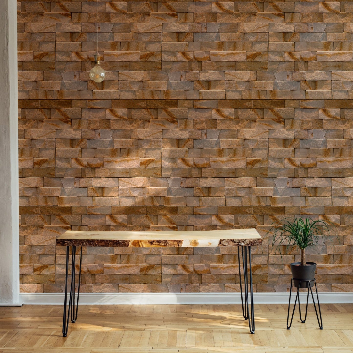 Industrial style office featuring a wooden desk against stone texture wallpaper.