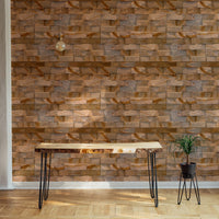 Industrial style office featuring a wooden desk against stone texture wallpaper.