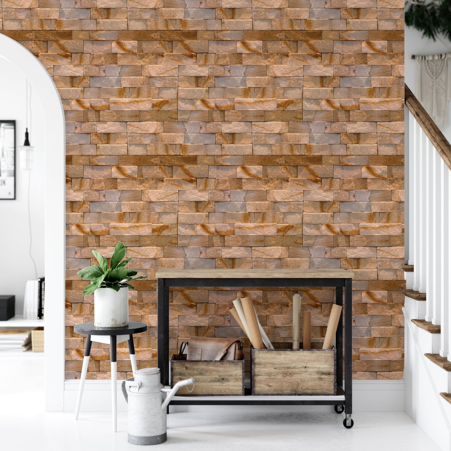 Hallway entrance with stone wallpaper and black metal storage rack.