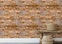 Stone pattern wallpaper in a minimalist room with a wooden bench and basket.
