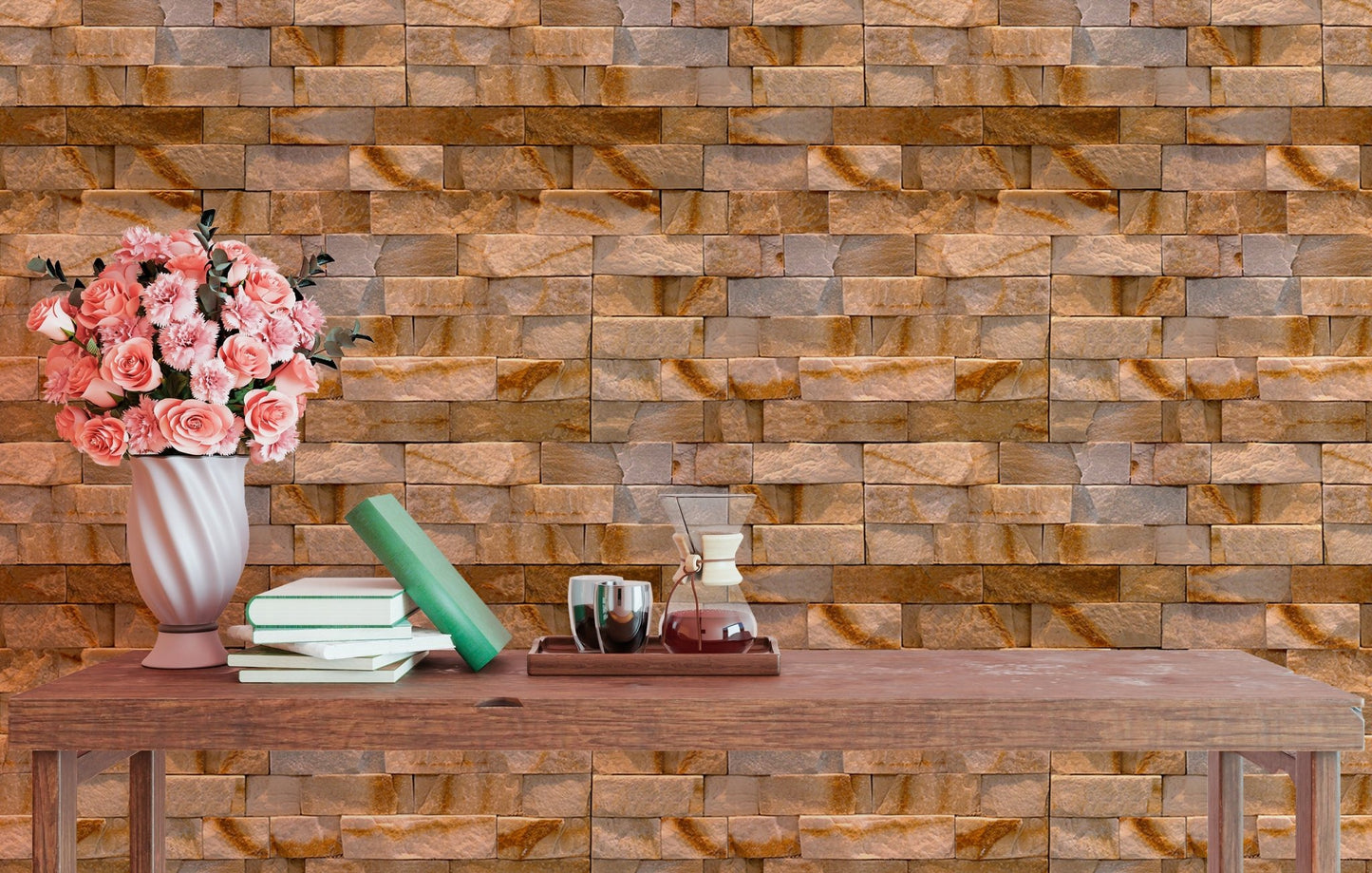 Rustic stone wallpaper behind a wooden console table with pink flowers.