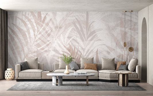 Natural tones leaf wall mural with beige botanical silhouettes for modern wall decor.