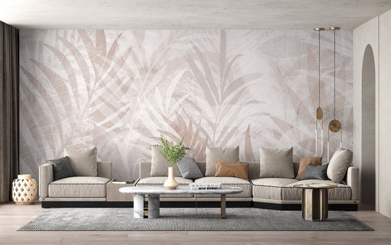 Natural tones leaf wall mural with beige botanical silhouettes for modern wall decor.