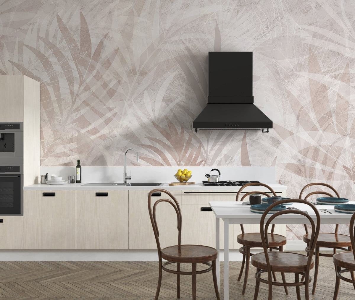 Layered leaf pattern wallpaper featuring earth tones and matte finish.