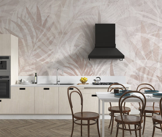 Layered leaf pattern wallpaper featuring earth tones and matte finish.
