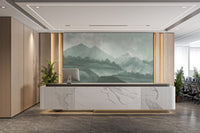 Misty mountain peak wall mural for a professional reception area.