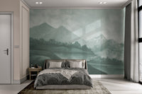 Scenic green mountain and forest landscape mural for master bedroom.