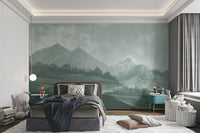 Green monochrome nature mural with mountains in kids bedroom.