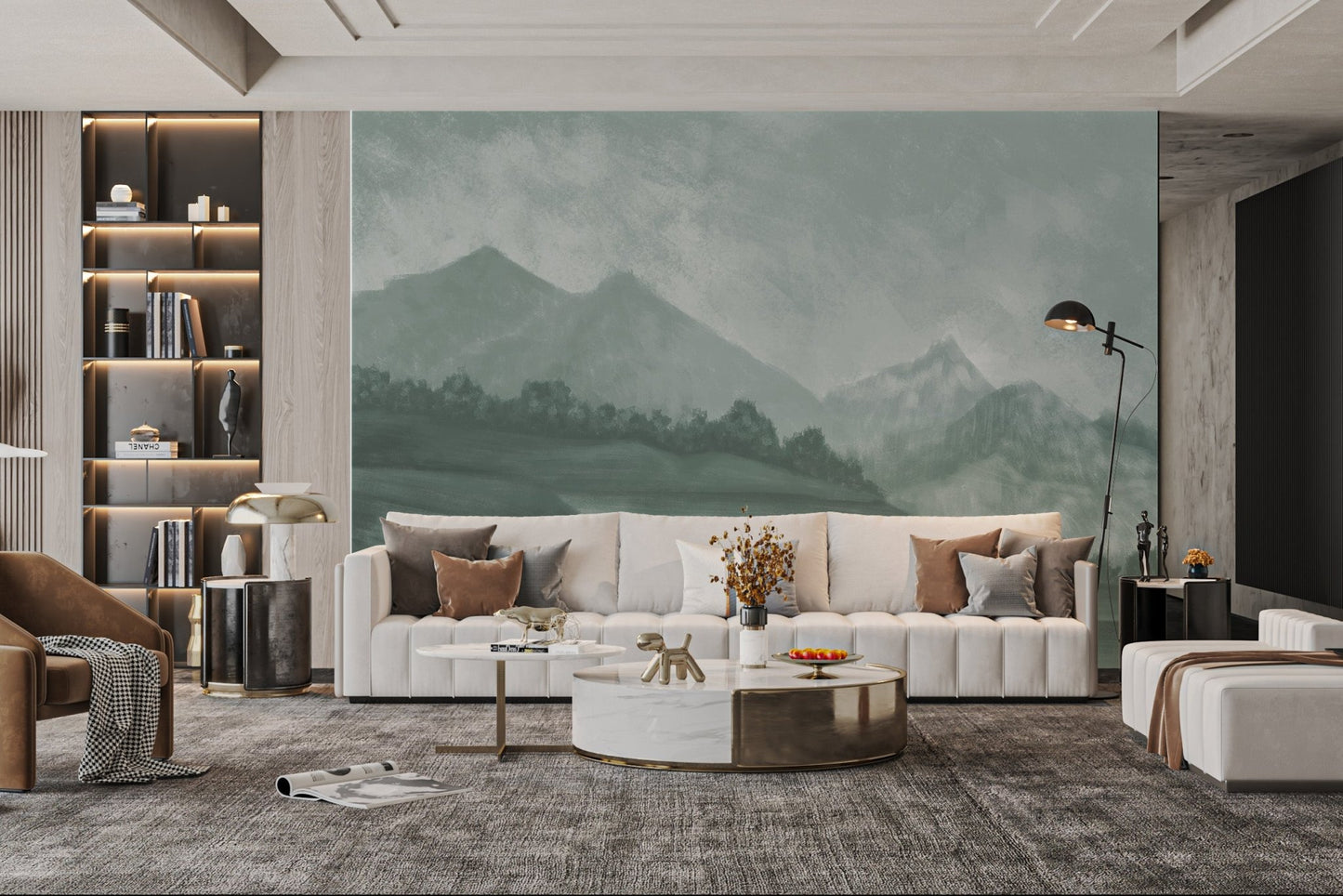 Forest green misty mountain wall mural used in a spacious living area.