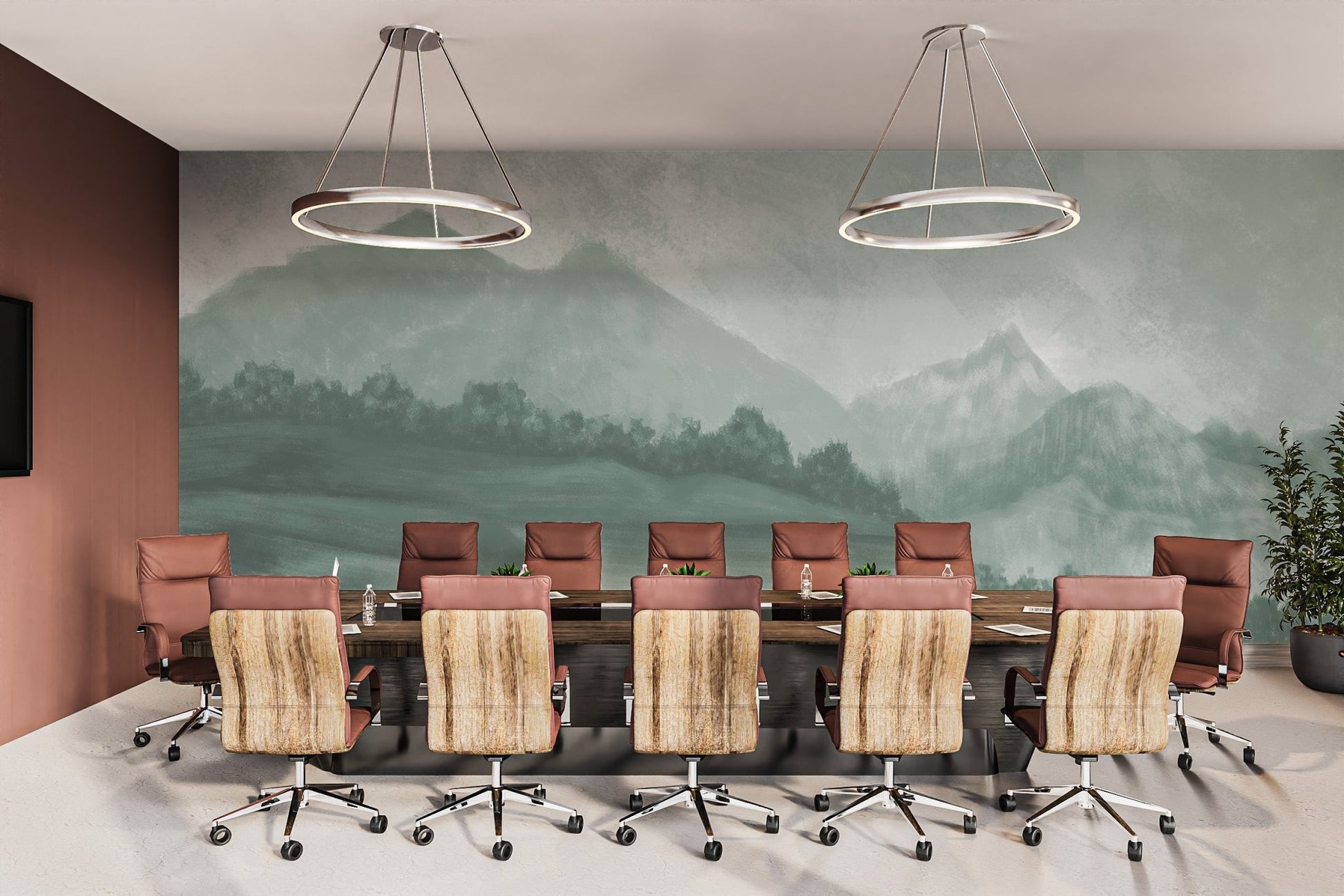 Textured oil painting mountain wall mural for a corporate boardroom.