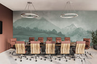 Textured oil painting mountain wall mural for a corporate boardroom.